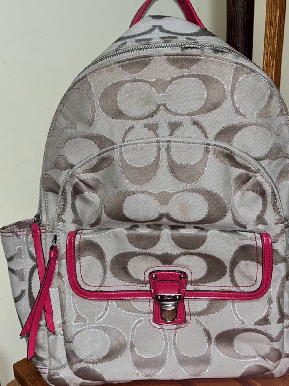 Beige Signature Pattern Backpack with Pink Trim - Picture 10 of 10
